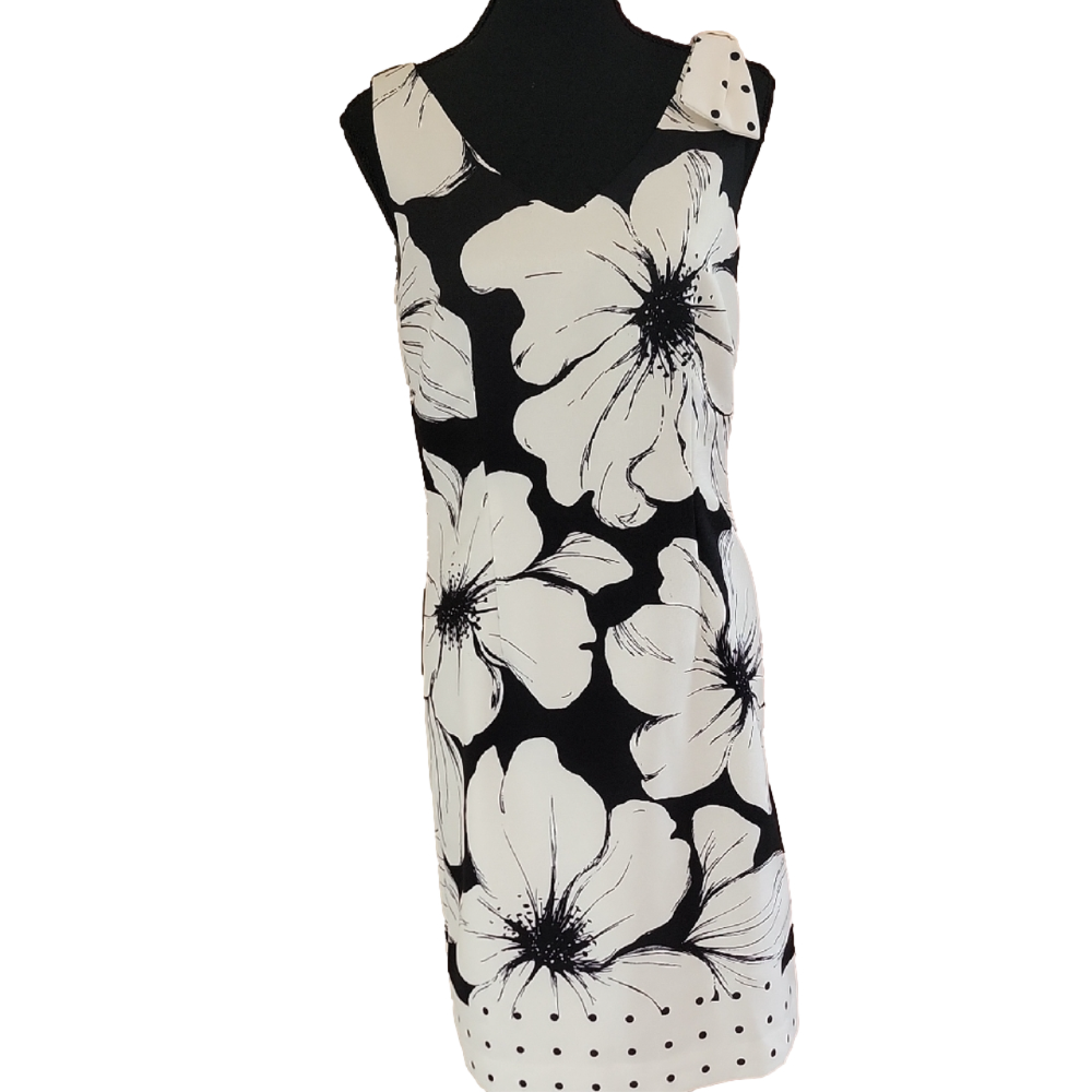 Talbots Shoulder Bow Shift Black & White Floral Classic Sheath Dress Size 4 NWT